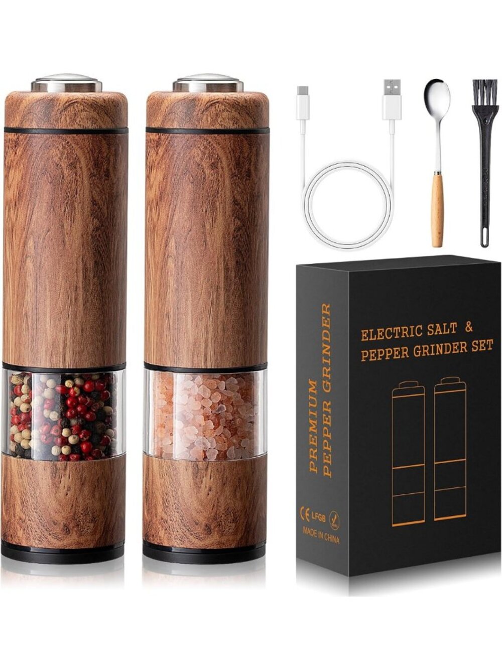 Rechargeable Electric Salt & Pepper Grinder Set - Automatic, Adjustable